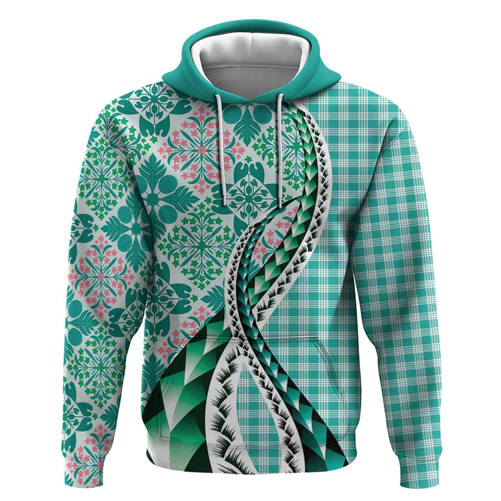 Aloha Vintage Palaka Floral Hawaiian Quilt Zip Hoodie Polu Motif LT9 Pullover Hoodie Turquoise - Polynesian Pride