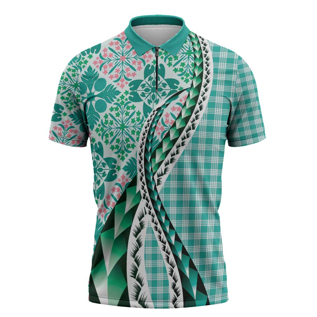 Aloha Vintage Palaka Floral Hawaiian Quilt Zipper Polo Shirt Polu Motif LT9 Turquoise - Polynesian Pride
