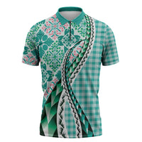 Aloha Vintage Palaka Floral Hawaiian Quilt Zipper Polo Shirt Polu Motif LT9 Turquoise - Polynesian Pride
