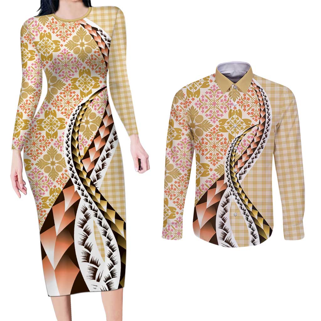 Aloha Vintage Palaka Floral Hawaiian Quilt Couples Matching Long Sleeve Bodycon Dress and Long Sleeve Button Shirt Melemele Motif LT9 Yellow - Polynesian Pride