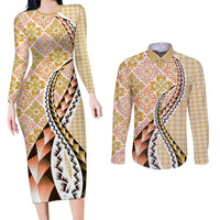 Aloha Vintage Palaka Floral Hawaiian Quilt Couples Matching Long Sleeve Bodycon Dress and Long Sleeve Button Shirt Melemele Motif LT9 Yellow - Polynesian Pride