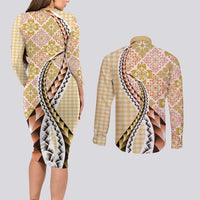 Aloha Vintage Palaka Floral Hawaiian Quilt Couples Matching Long Sleeve Bodycon Dress and Long Sleeve Button Shirt Melemele Motif LT9 - Polynesian Pride