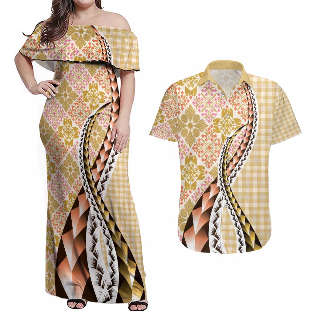 Aloha Vintage Palaka Floral Hawaiian Quilt Couples Matching Off Shoulder Maxi Dress and Hawaiian Shirt Melemele Motif LT9 Yellow - Polynesian Pride