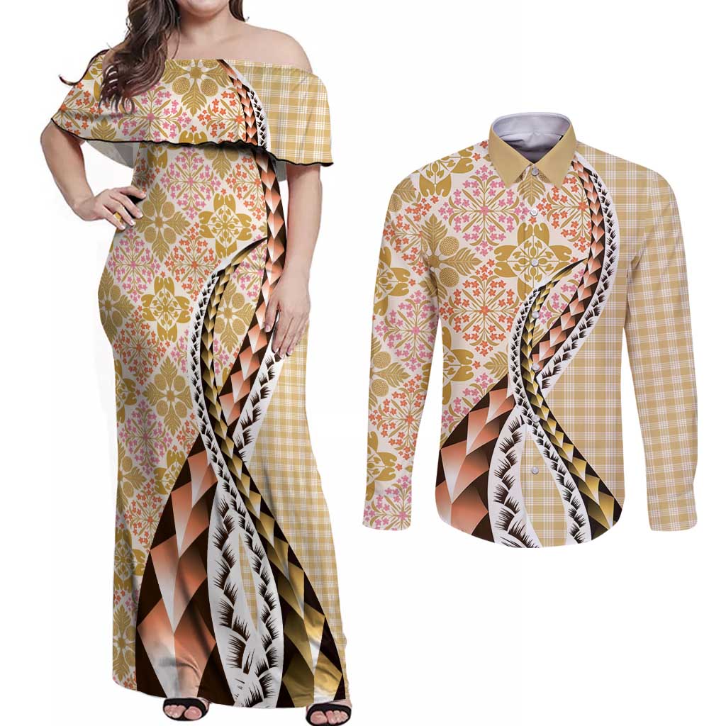 Aloha Vintage Palaka Floral Hawaiian Quilt Couples Matching Off Shoulder Maxi Dress and Long Sleeve Button Shirt Melemele Motif - Polynesian Pride