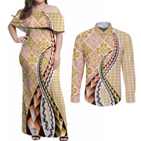 Aloha Vintage Palaka Floral Hawaiian Quilt Couples Matching Off Shoulder Maxi Dress and Long Sleeve Button Shirt Melemele Motif LT9 Yellow - Polynesian Pride