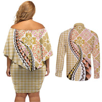 Aloha Vintage Palaka Floral Hawaiian Quilt Couples Matching Off Shoulder Short Dress and Long Sleeve Button Shirt Melemele Motif LT9 - Polynesian Pride