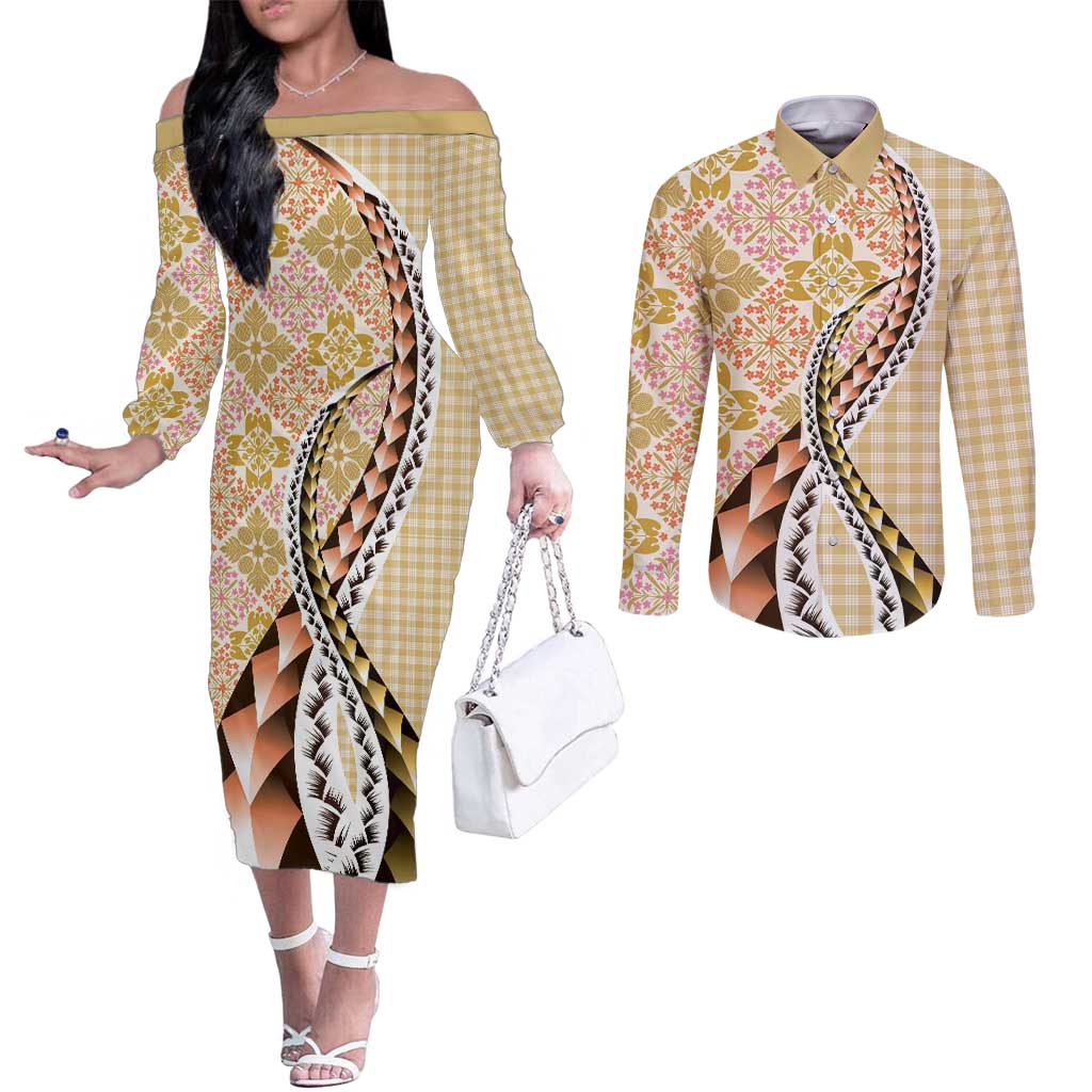 Aloha Vintage Palaka Floral Hawaiian Quilt Couples Matching Off The Shoulder Long Sleeve Dress and Long Sleeve Button Shirt Melemele Motif LT9 Yellow - Polynesian Pride