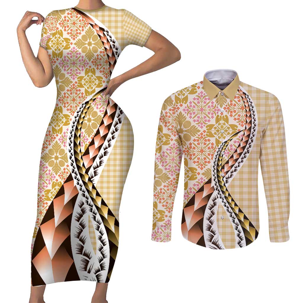 Aloha Vintage Palaka Floral Hawaiian Quilt Couples Matching Short Sleeve Bodycon Dress and Long Sleeve Button Shirt Melemele Motif LT9 Yellow - Polynesian Pride