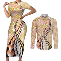Aloha Vintage Palaka Floral Hawaiian Quilt Couples Matching Short Sleeve Bodycon Dress and Long Sleeve Button Shirt Melemele Motif LT9 Yellow - Polynesian Pride