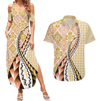 Aloha Vintage Palaka Floral Hawaiian Quilt Couples Matching Summer Maxi Dress and Hawaiian Shirt Melemele Motif LT9 Yellow - Polynesian Pride