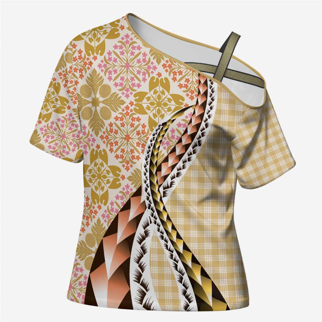 Aloha Vintage Palaka Floral Hawaiian Quilt Cross Shoulder Shirt Melemele Motif LT9 Female Yellow - Polynesian Pride
