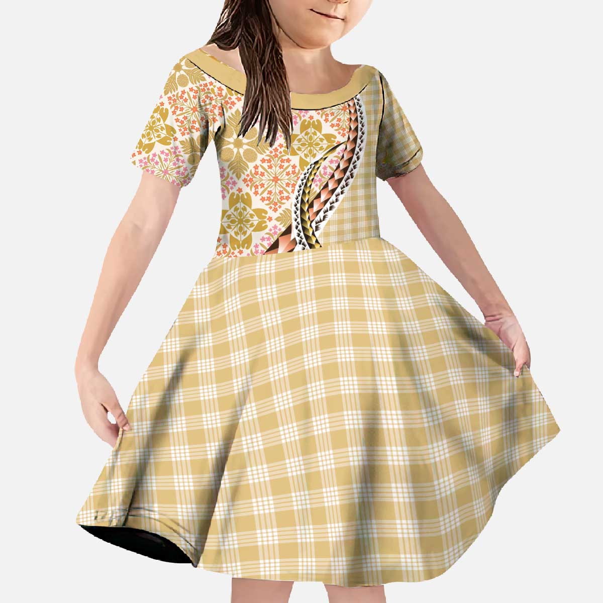 Aloha Vintage Palaka Floral Hawaiian Quilt Family Matching Off The Shoulder Long Sleeve Dress and Hawaiian Shirt Melemele Motif LT9 Daughter's Dress Yellow - Polynesian Pride