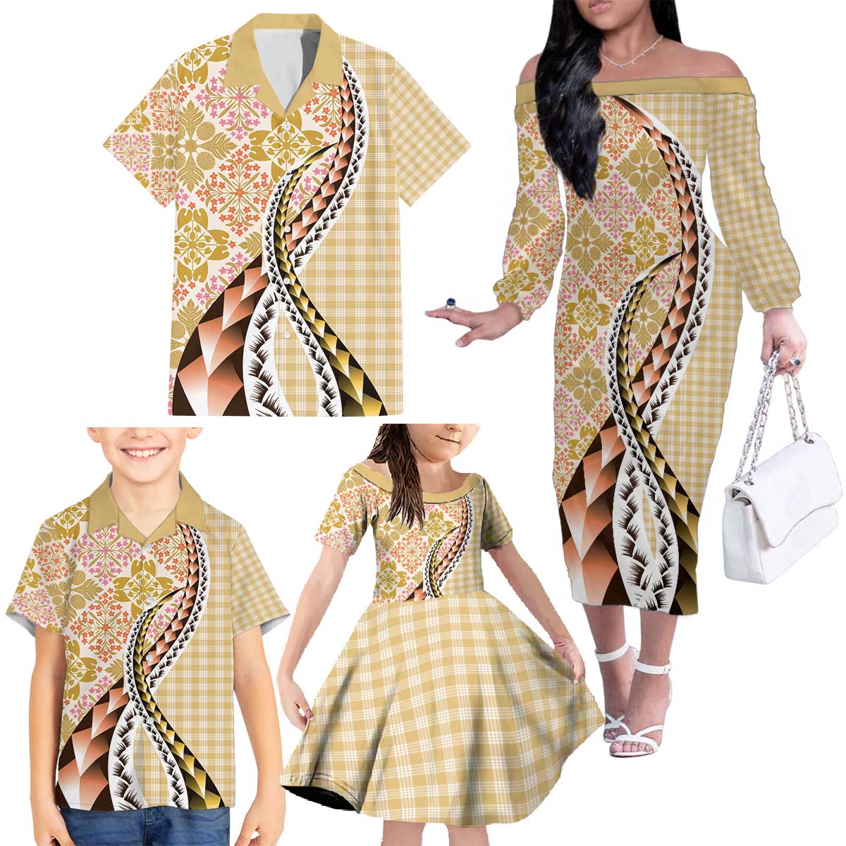 Aloha Vintage Palaka Floral Hawaiian Quilt Family Matching Off The Shoulder Long Sleeve Dress and Hawaiian Shirt Melemele Motif LT9 - Polynesian Pride