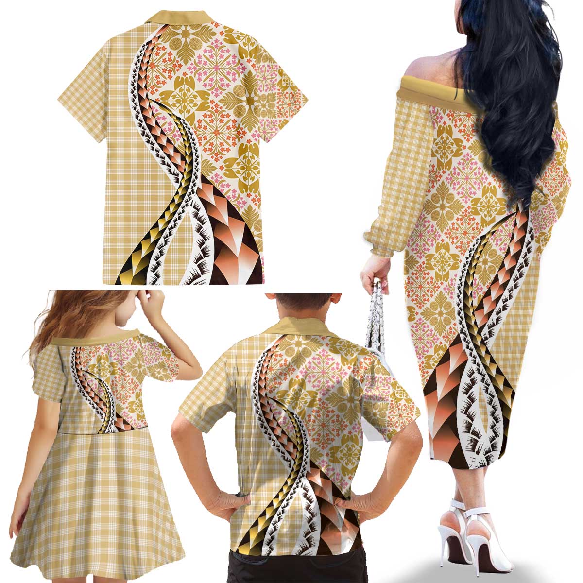 Aloha Vintage Palaka Floral Hawaiian Quilt Family Matching Off The Shoulder Long Sleeve Dress and Hawaiian Shirt Melemele Motif LT9 - Polynesian Pride