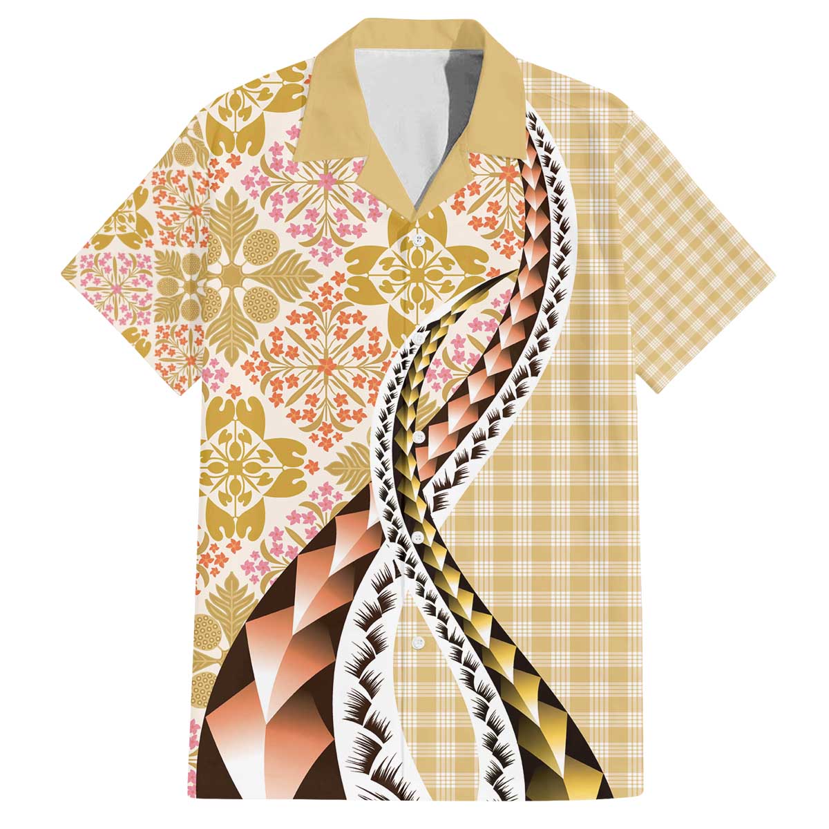 Aloha Vintage Palaka Floral Hawaiian Quilt Family Matching Off The Shoulder Long Sleeve Dress and Hawaiian Shirt Melemele Motif LT9 Dad's Shirt - Short Sleeve Yellow - Polynesian Pride