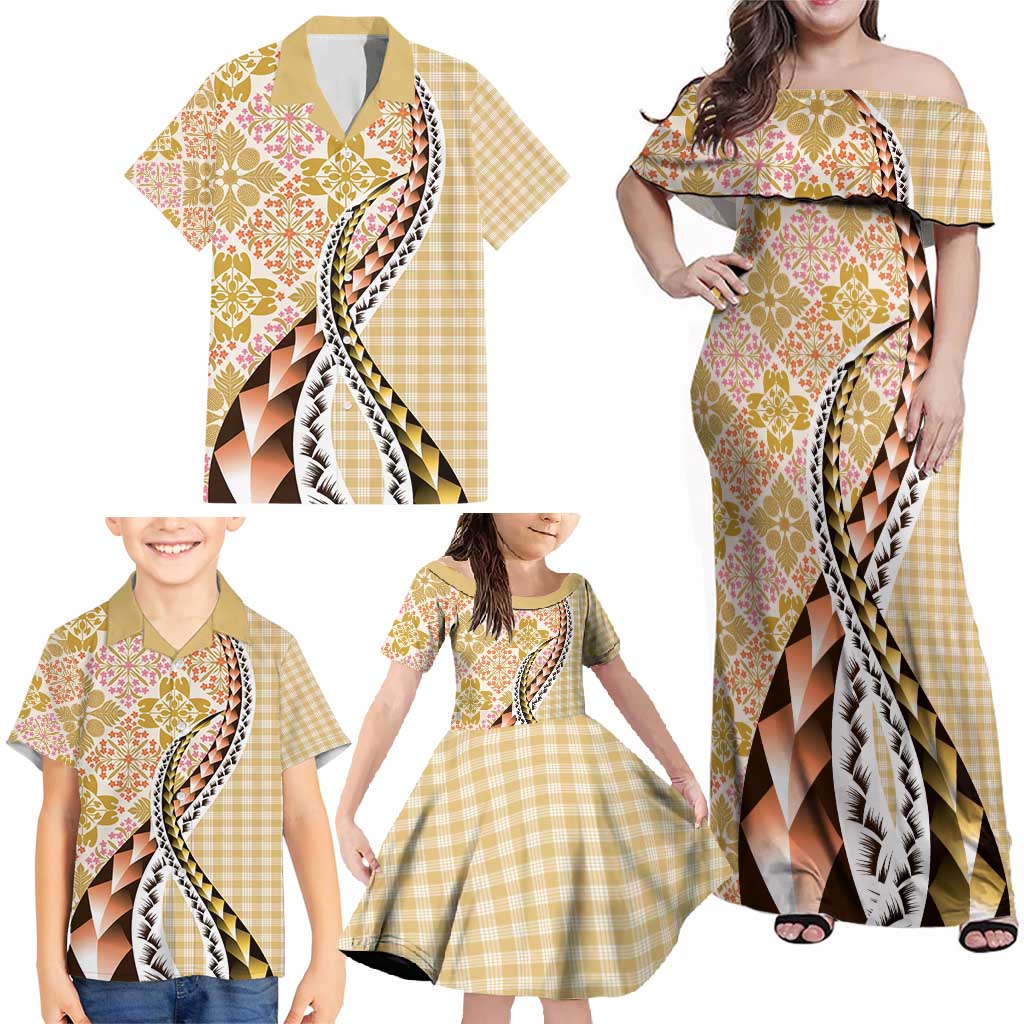 Aloha Vintage Palaka Floral Hawaiian Quilt Family Matching Off Shoulder Maxi Dress and Hawaiian Shirt Melemele Motif LT9 - Polynesian Pride