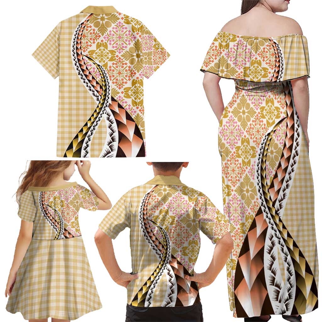 Aloha Vintage Palaka Floral Hawaiian Quilt Family Matching Off Shoulder Maxi Dress and Hawaiian Shirt Melemele Motif LT9 - Polynesian Pride