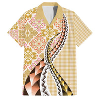 Aloha Vintage Palaka Floral Hawaiian Quilt Family Matching Off Shoulder Maxi Dress and Hawaiian Shirt Melemele Motif LT9 Dad's Shirt - Short Sleeve Yellow - Polynesian Pride