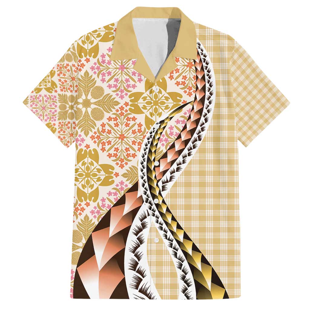 Aloha Vintage Palaka Floral Hawaiian Quilt Family Matching Off Shoulder Short Dress and Hawaiian Shirt Melemele Motif LT9 Dad's Shirt - Short Sleeve Yellow - Polynesian Pride