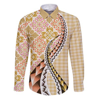 Aloha Vintage Palaka Floral Hawaiian Quilt Family Matching Off Shoulder Short Dress and Hawaiian Shirt Melemele Motif LT9 Dad's Shirt - Long Sleeve Yellow - Polynesian Pride