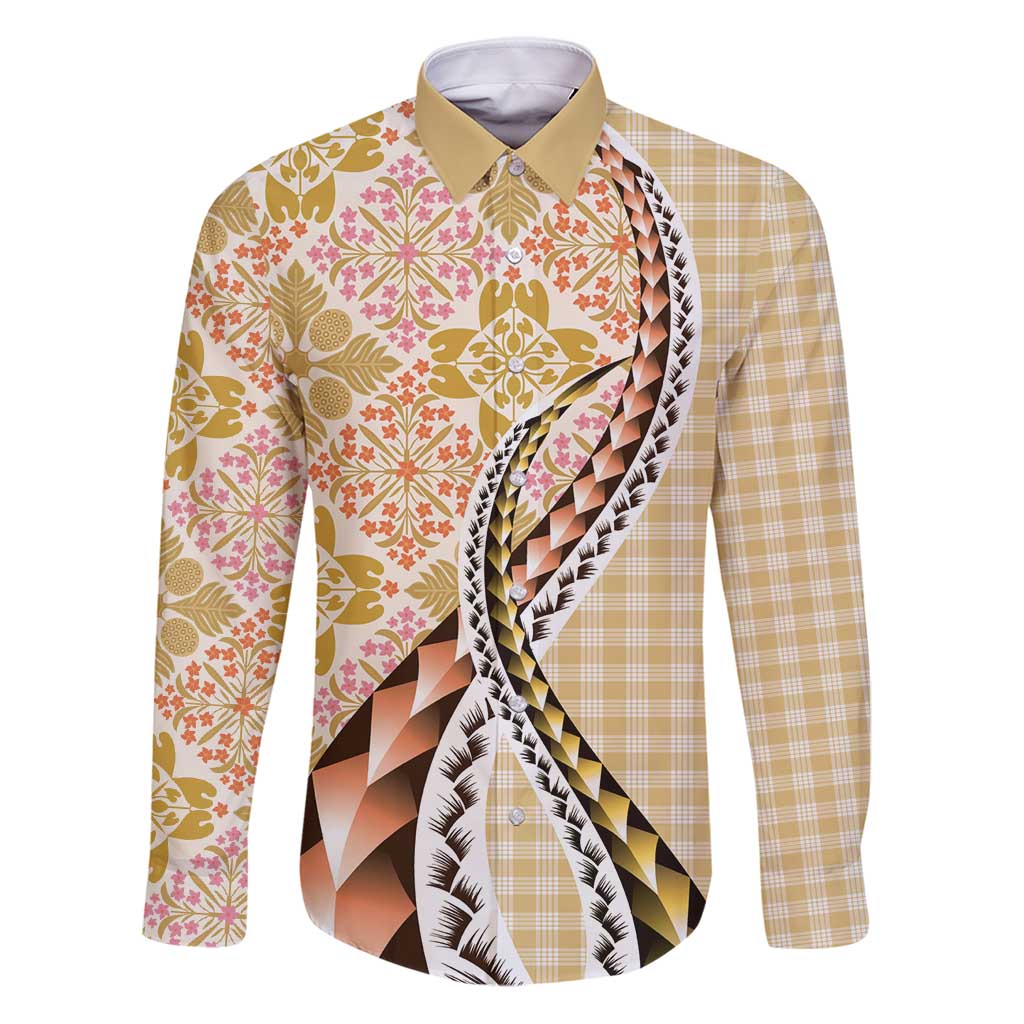 Aloha Vintage Palaka Floral Hawaiian Quilt Family Matching Puletasi and Hawaiian Shirt Melemele Motif LT9 Dad's Shirt - Long Sleeve Yellow - Polynesian Pride