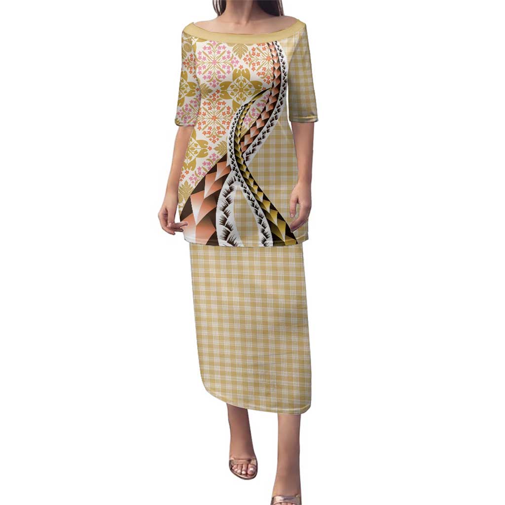 Aloha Vintage Palaka Floral Hawaiian Quilt Family Matching Puletasi and Hawaiian Shirt Melemele Motif LT9 Mom's Dress Yellow - Polynesian Pride