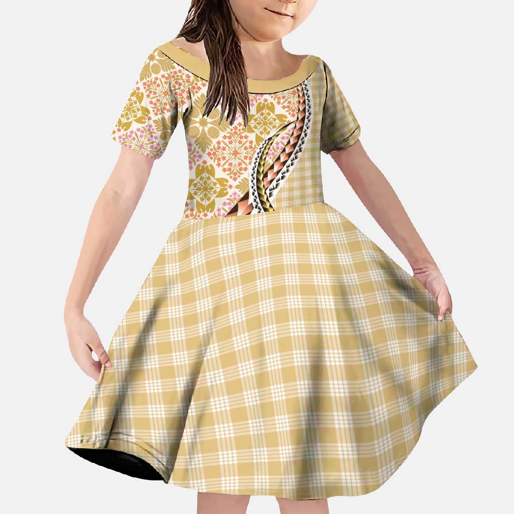Aloha Vintage Palaka Floral Hawaiian Quilt Family Matching Short Sleeve Bodycon Dress and Hawaiian Shirt Melemele Motif LT9 Daughter's Dress Yellow - Polynesian Pride