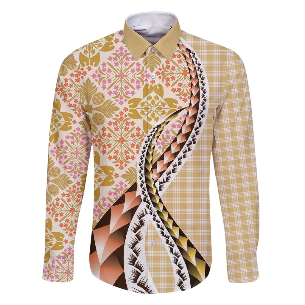 Aloha Vintage Palaka Floral Hawaiian Quilt Family Matching Short Sleeve Bodycon Dress and Hawaiian Shirt Melemele Motif LT9 Dad's Shirt - Long Sleeve Yellow - Polynesian Pride