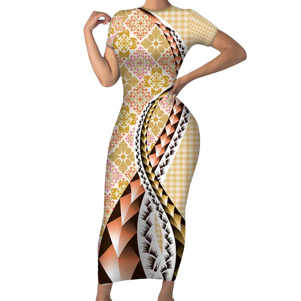 Aloha Vintage Palaka Floral Hawaiian Quilt Family Matching Short Sleeve Bodycon Dress and Hawaiian Shirt Melemele Motif LT9 Mom's Dress Yellow - Polynesian Pride