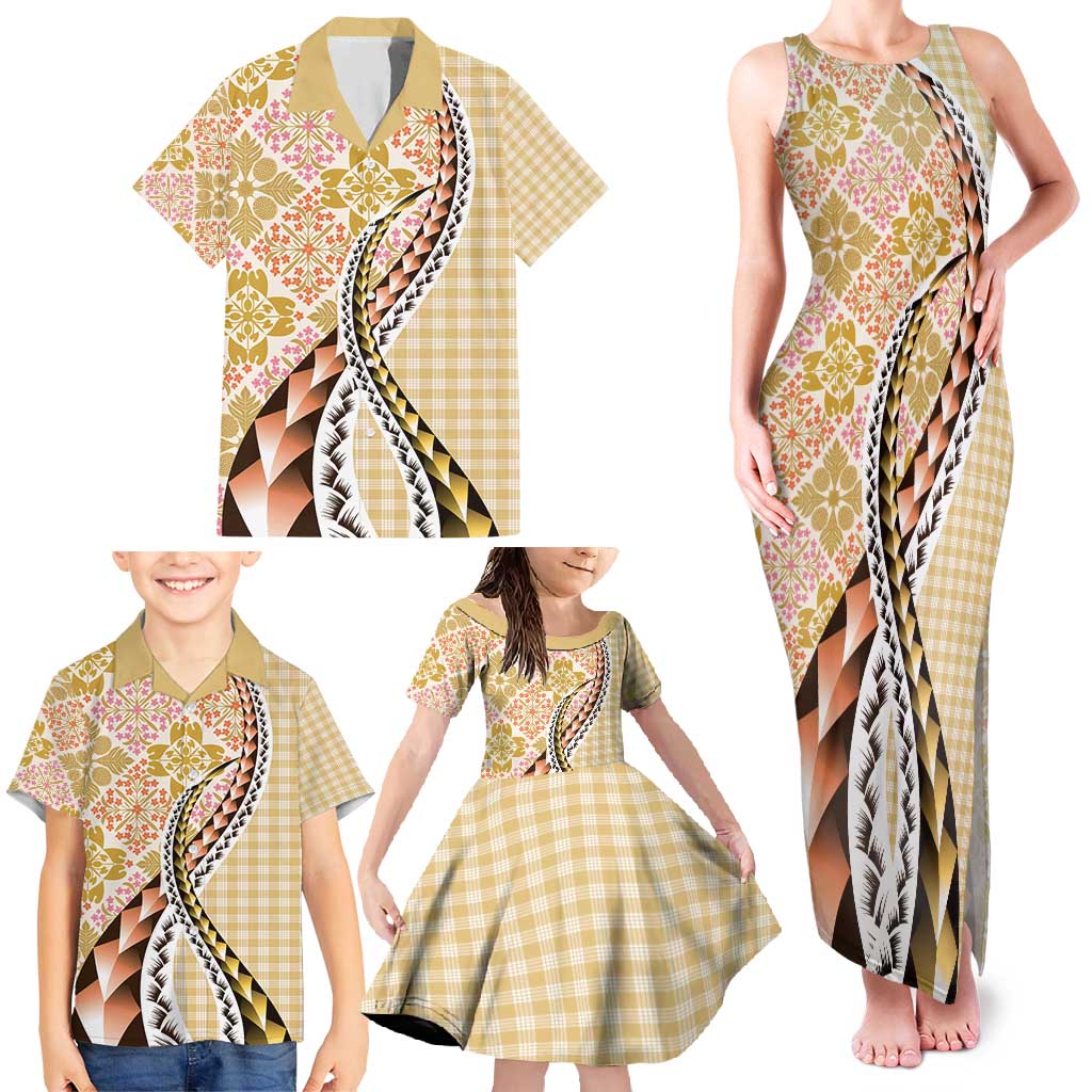 Aloha Vintage Palaka Floral Hawaiian Quilt Family Matching Tank Maxi Dress and Hawaiian Shirt Melemele Motif - Polynesian Pride