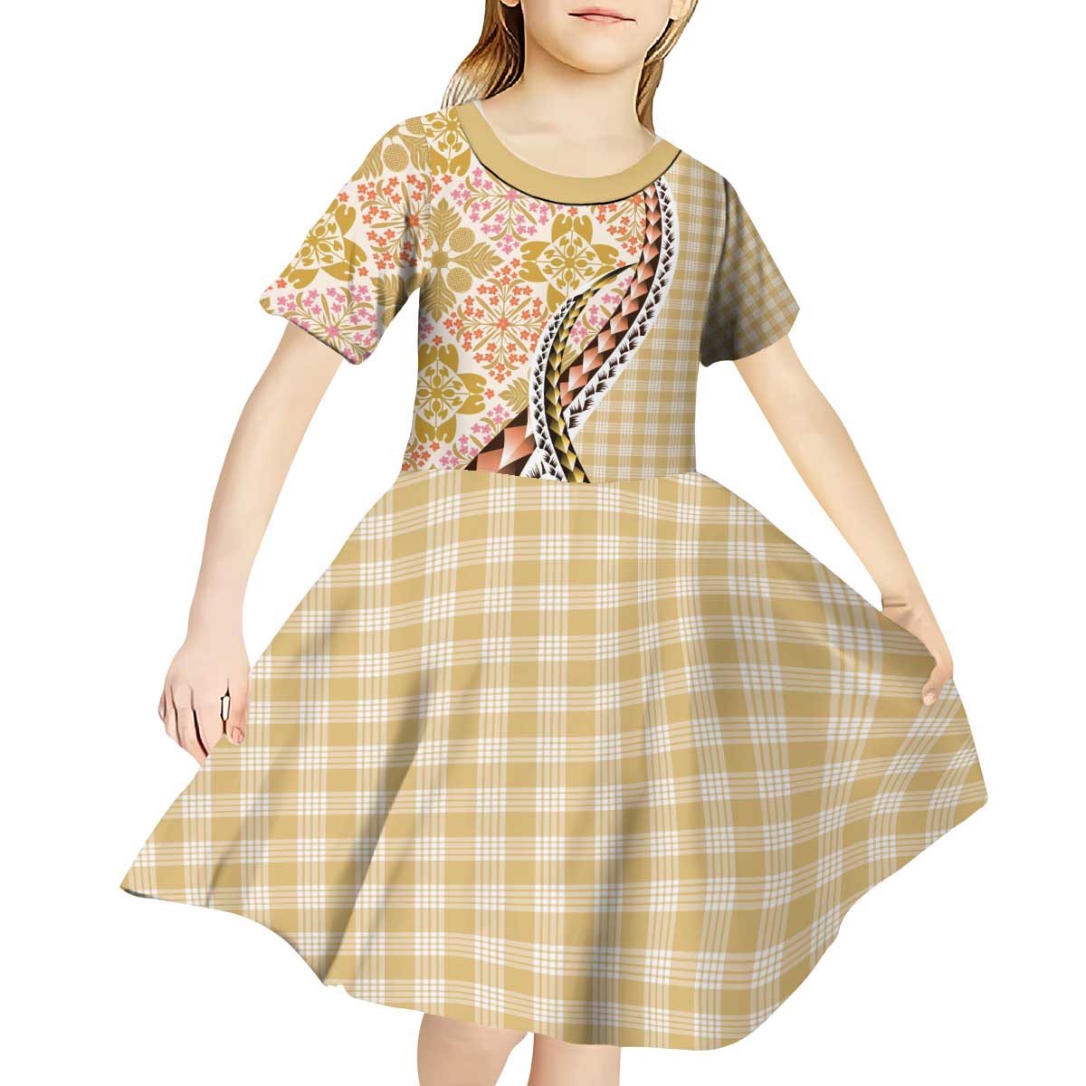 Aloha Vintage Palaka Floral Hawaiian Quilt Kid Short Sleeve Dress Melemele Motif LT9 - Polynesian Pride