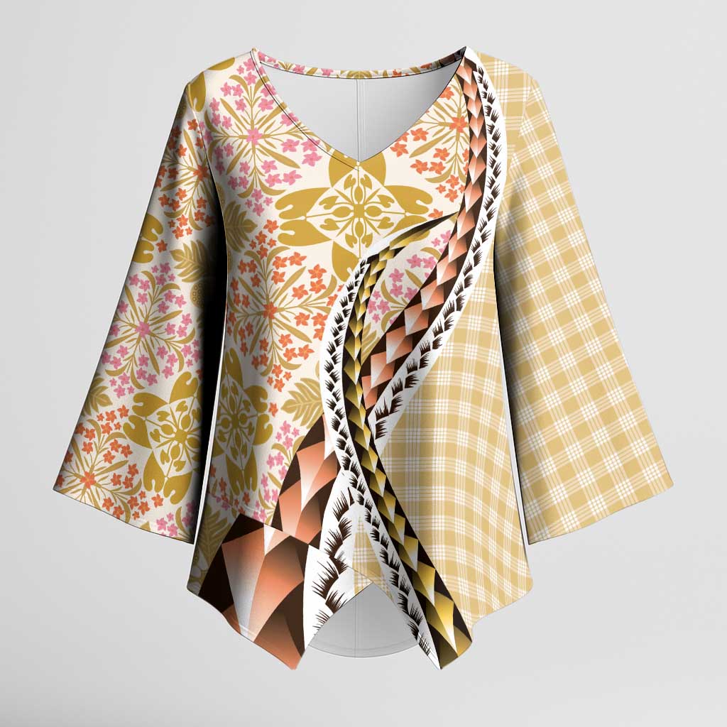 Aloha Vintage Palaka Floral Hawaiian Quilt Kimono Sleeve Blouse Melemele Motif LT9 Female Yellow - Polynesian Pride