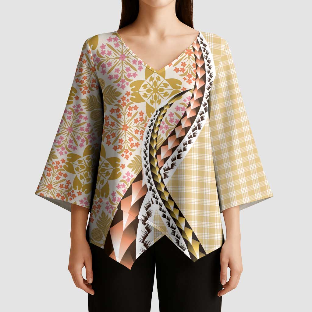 Aloha Vintage Palaka Floral Hawaiian Quilt Kimono Sleeve Blouse Melemele Motif LT9 - Polynesian Pride
