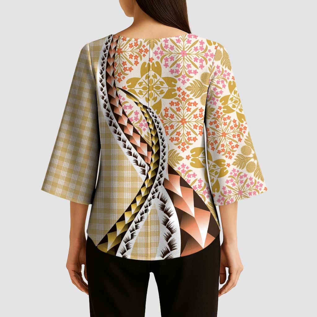 Aloha Vintage Palaka Floral Hawaiian Quilt Kimono Sleeve Blouse Melemele Motif LT9 - Polynesian Pride