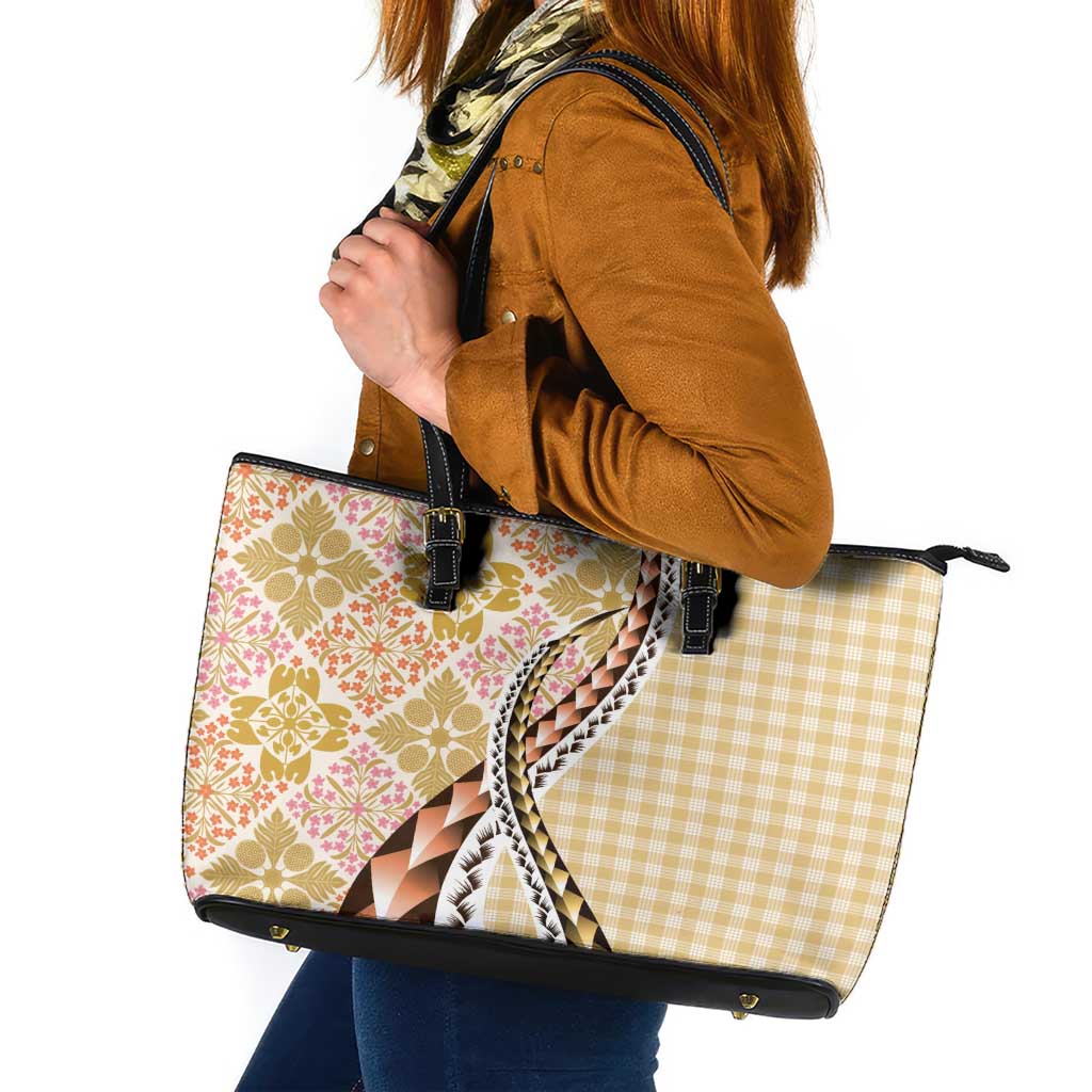 Aloha Vintage Palaka Floral Hawaiian Quilt Leather Tote Bag Melemele Motif LT9 Yellow - Polynesian Pride