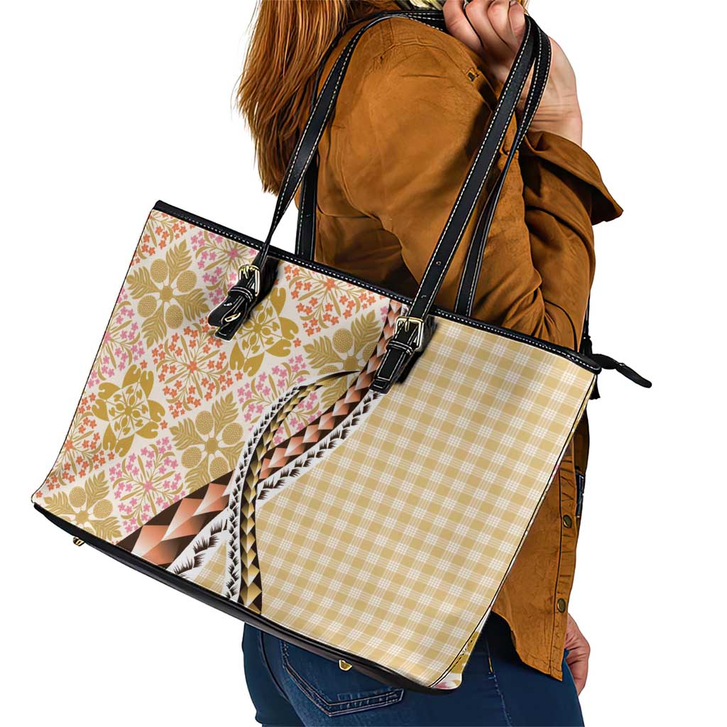 Aloha Vintage Palaka Floral Hawaiian Quilt Leather Tote Bag Melemele Motif LT9 - Polynesian Pride
