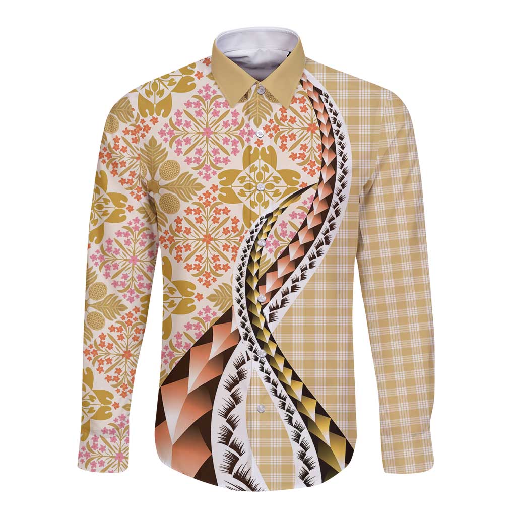 Aloha Vintage Palaka Floral Hawaiian Quilt Long Sleeve Button Shirt Melemele Motif LT9 Unisex Yellow - Polynesian Pride