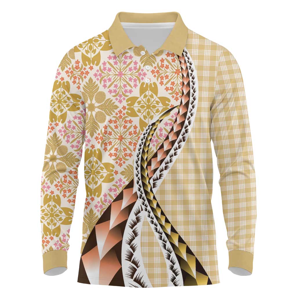 Aloha Vintage Palaka Floral Hawaiian Quilt Long Sleeve Polo Shirt Melemele Motif LT9 Yellow - Polynesian Pride
