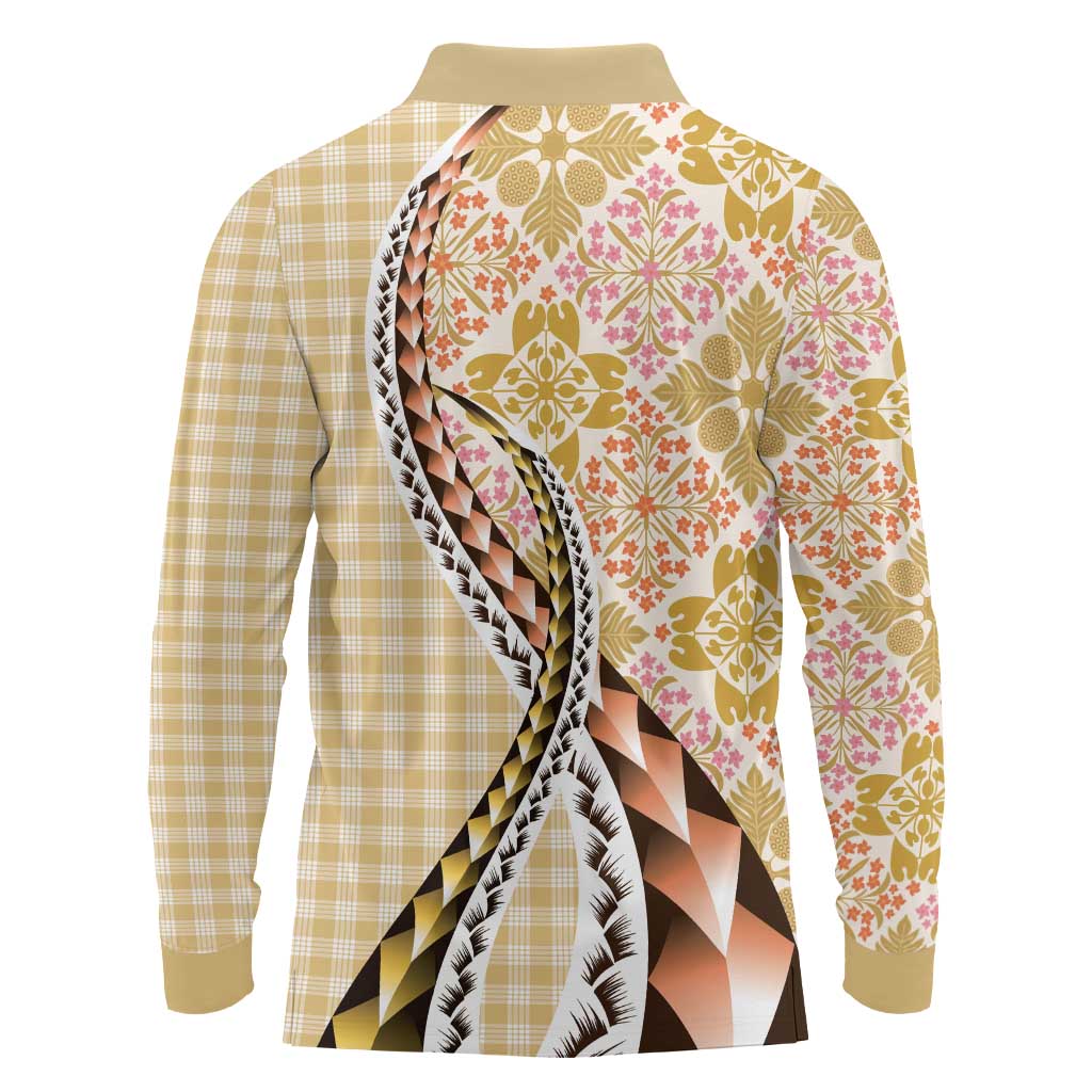 Aloha Vintage Palaka Floral Hawaiian Quilt Long Sleeve Polo Shirt Melemele Motif LT9 - Polynesian Pride