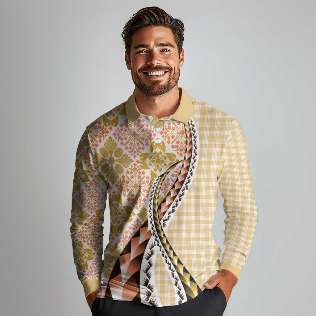 Aloha Vintage Palaka Floral Hawaiian Quilt Long Sleeve Polo Shirt Melemele Motif LT9 - Polynesian Pride