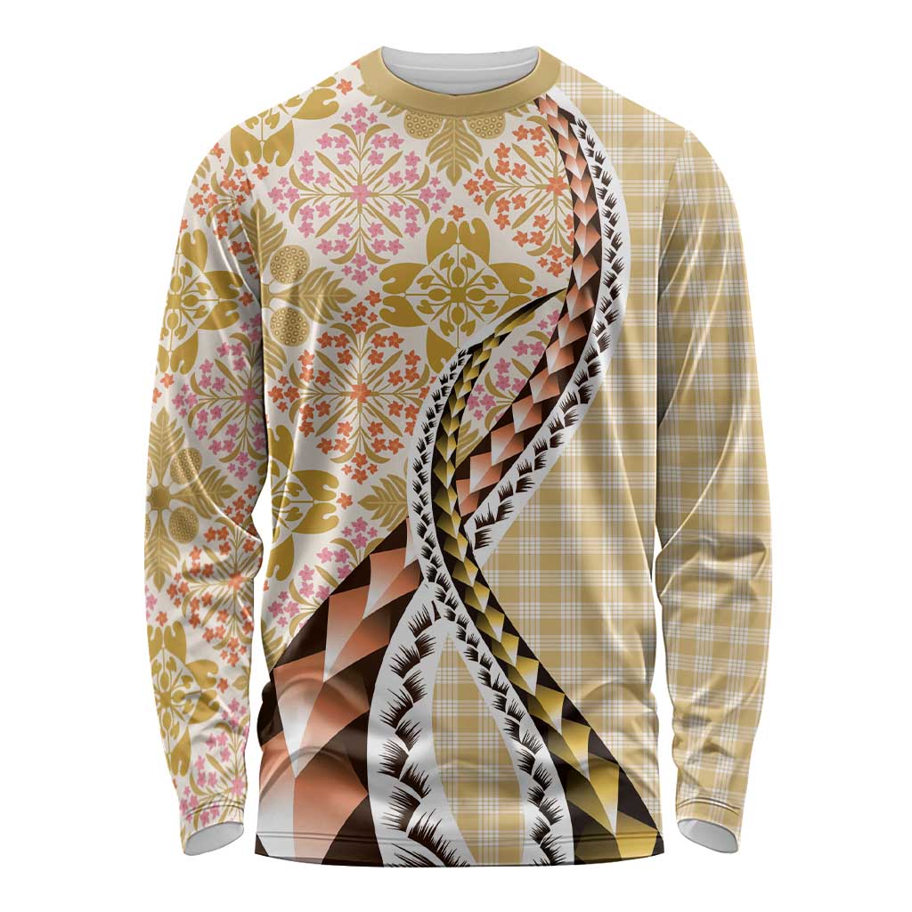 Aloha Vintage Palaka Floral Hawaiian Quilt Long Sleeve Shirt Melemele Motif LT9 Unisex Yellow - Polynesian Pride
