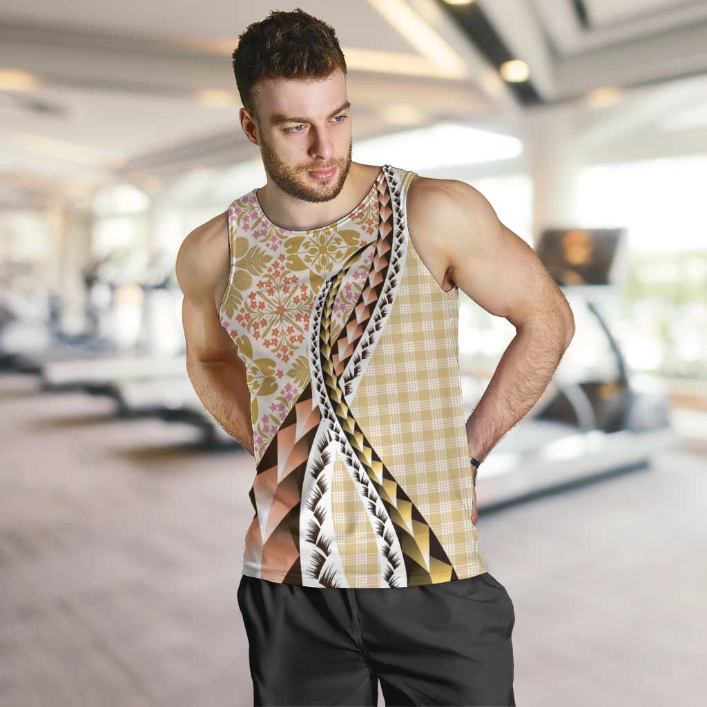 Aloha Vintage Palaka Floral Hawaiian Quilt Men Tank Top Melemele Motif LT9 Yellow - Polynesian Pride