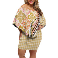 Aloha Vintage Palaka Floral Hawaiian Quilt Off Shoulder Short Dress Melemele Motif LT9 Women Yellow - Polynesian Pride