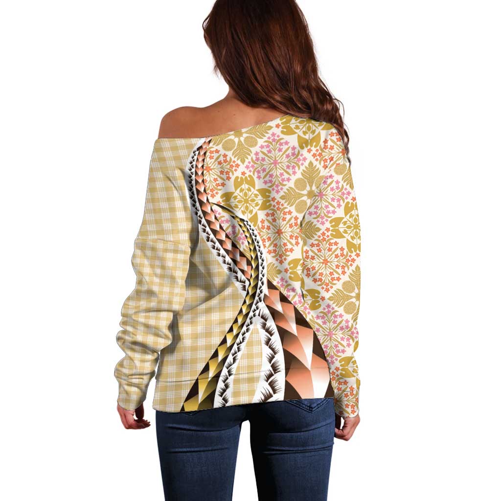 Aloha Vintage Palaka Floral Hawaiian Quilt Off Shoulder Sweater Melemele Motif - Polynesian Pride