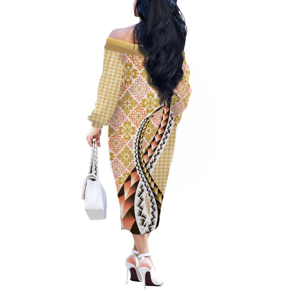 Aloha Vintage Palaka Floral Hawaiian Quilt Off The Shoulder Long Sleeve Dress Melemele Motif LT9 - Polynesian Pride