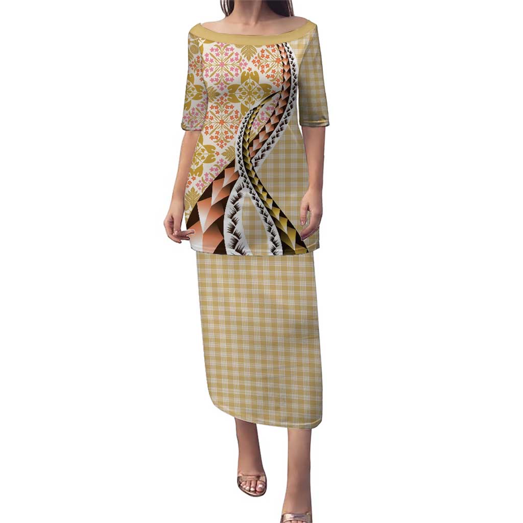 Aloha Vintage Palaka Floral Hawaiian Quilt Puletasi Melemele Motif LT9 Long Dress Yellow - Polynesian Pride