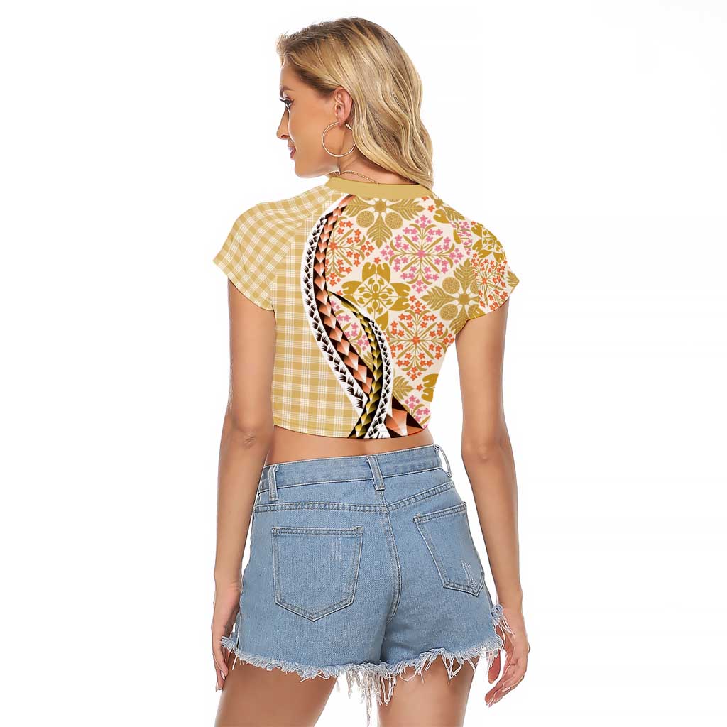 Aloha Vintage Palaka Floral Hawaiian Quilt Raglan Cropped T Shirt Melemele Motif LT9 - Polynesian Pride