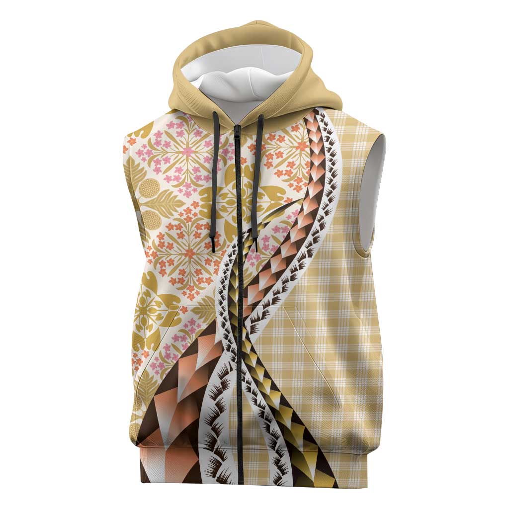 Aloha Vintage Palaka Floral Hawaiian Quilt Sleeveless Zip Hoodie Melemele Motif LT9 Yellow - Polynesian Pride