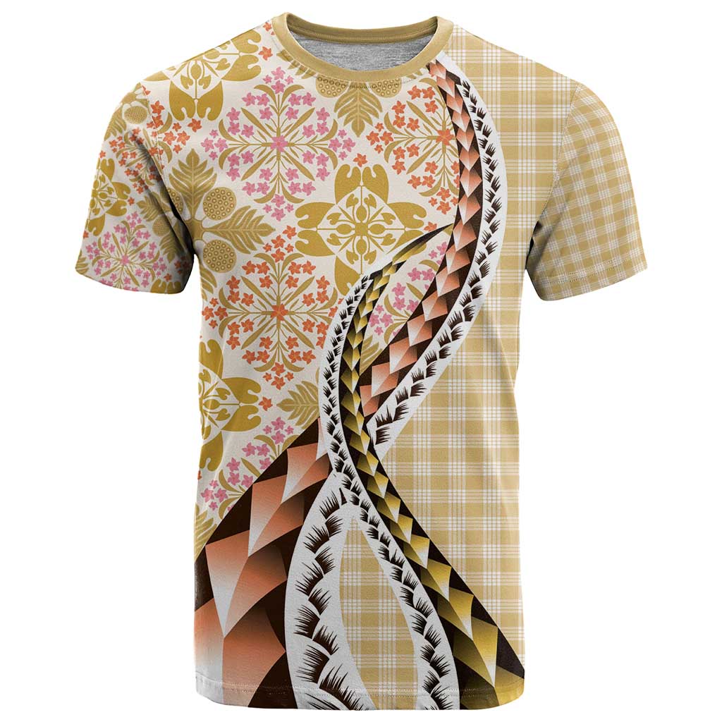 Aloha Vintage Palaka Floral Hawaiian Quilt T Shirt Melemele Motif LT9 Yellow - Polynesian Pride