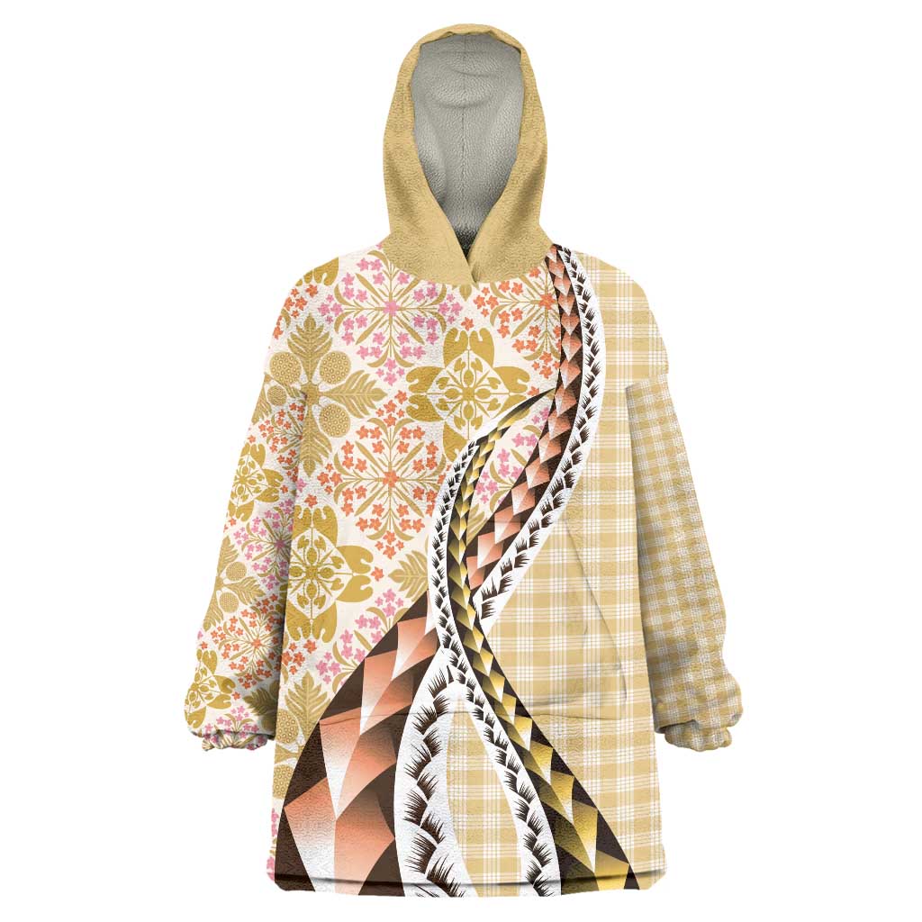 Aloha Vintage Palaka Floral Hawaiian Quilt Wearable Blanket Hoodie Melemele Motif LT9 One Size Yellow - Polynesian Pride